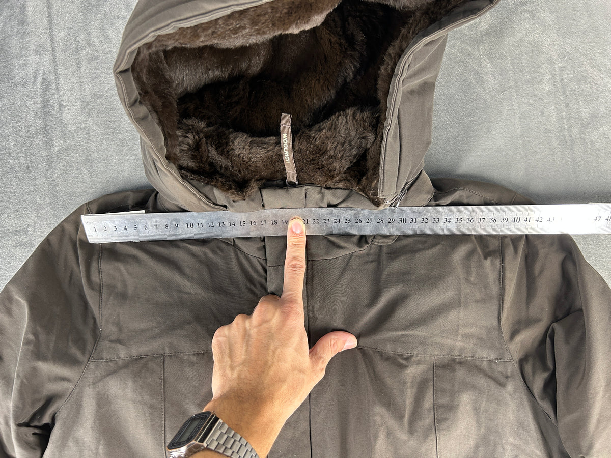 Parka Woolrich con cappuccio e pelliccia grigio vintage – Uomo Taglia L