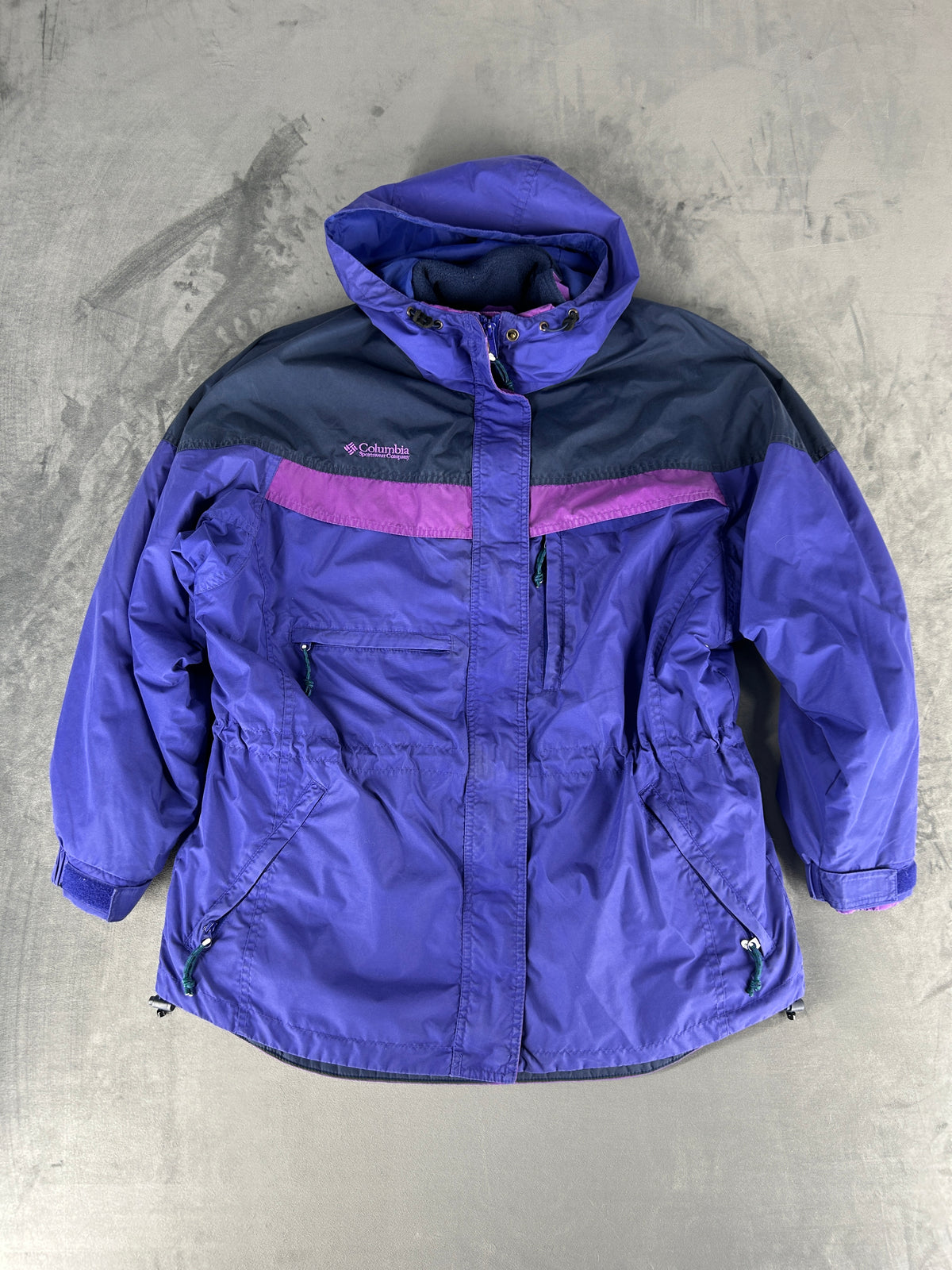 Giacca Columbia viola e blu con cappuccio vintage – Donna Taglia L