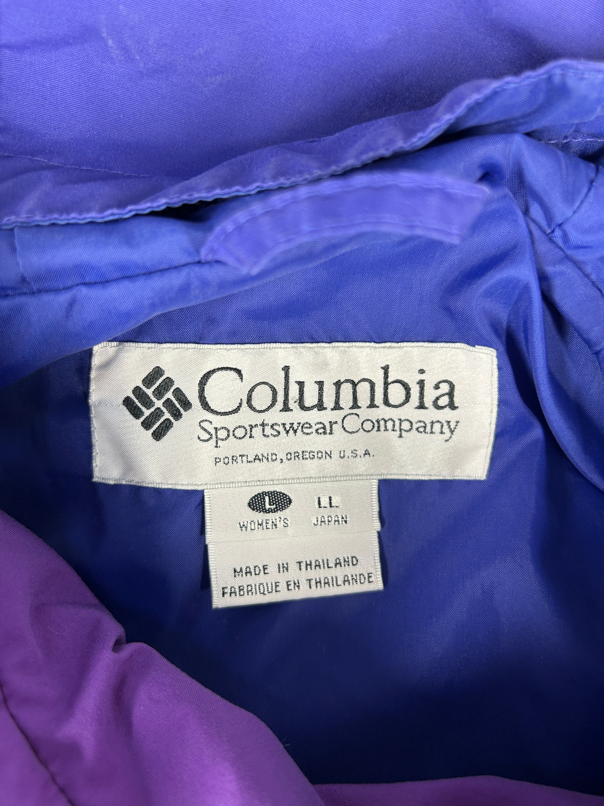 Giacca Columbia viola e blu con cappuccio vintage – Donna Taglia L