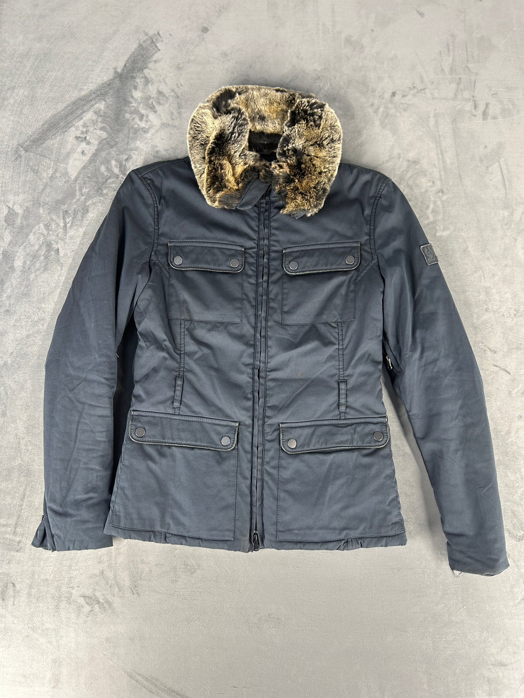 Giacca Belstaff Silver grigia con collo effetto pelliccia vintage – Donna Taglia 42