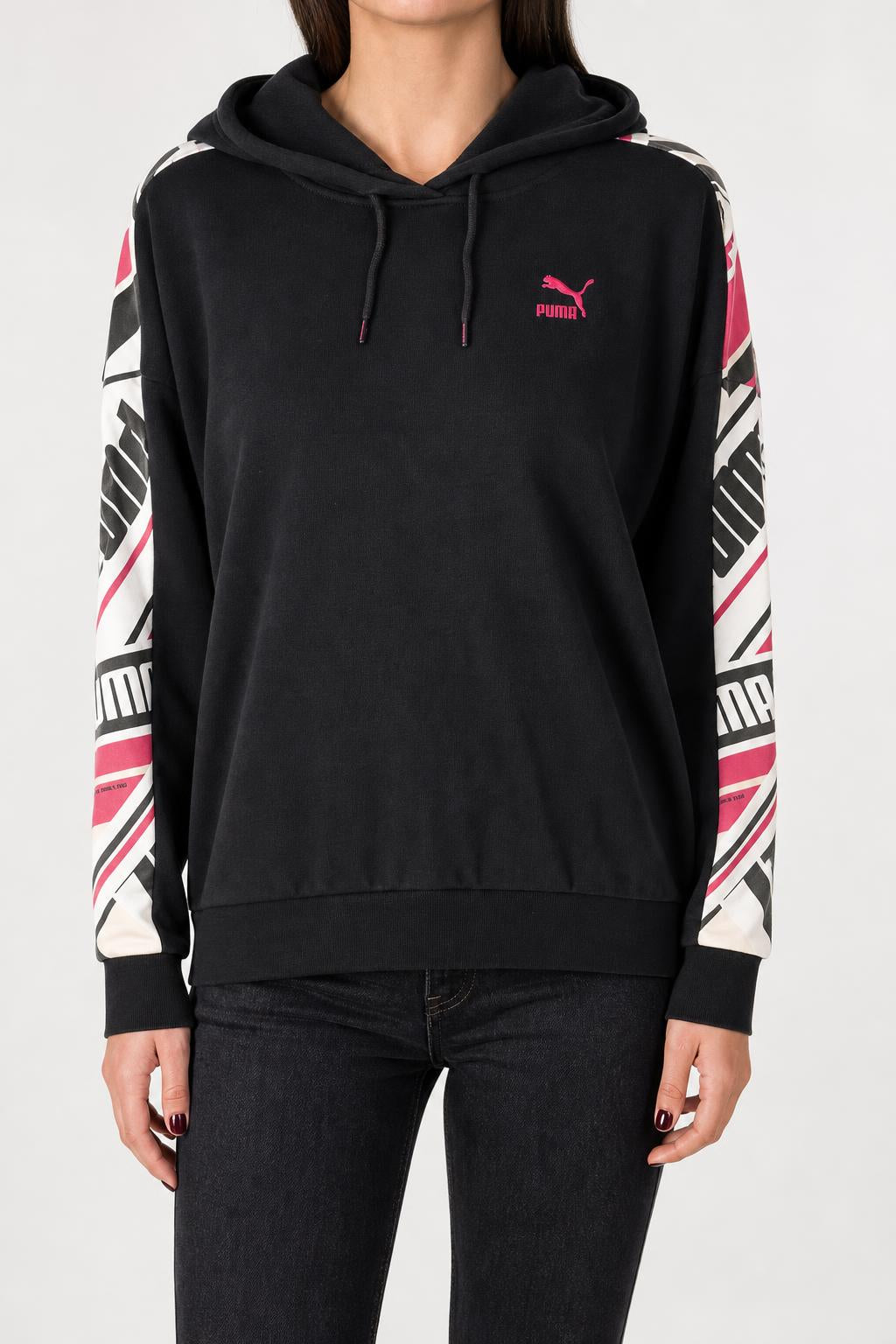 Felpa Puma nera con cappuccio e inserti a contrasto vintage – Donna Taglia S