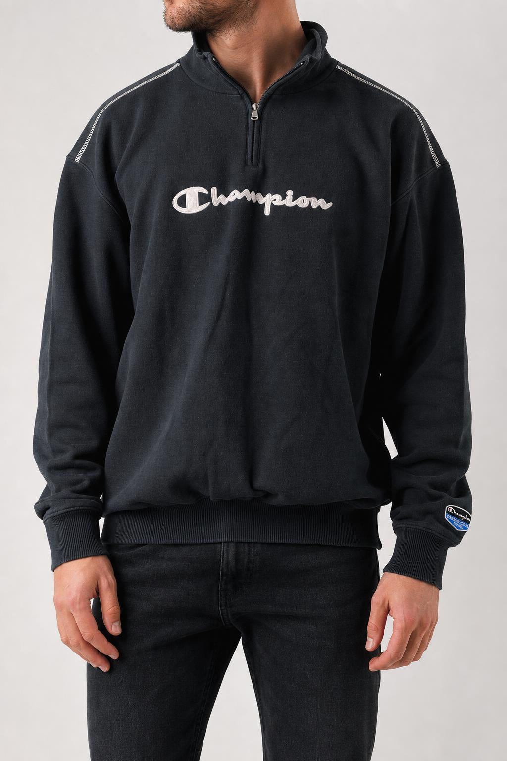 Felpa mezza zip Champion nera vintage – Uomo Taglia XL