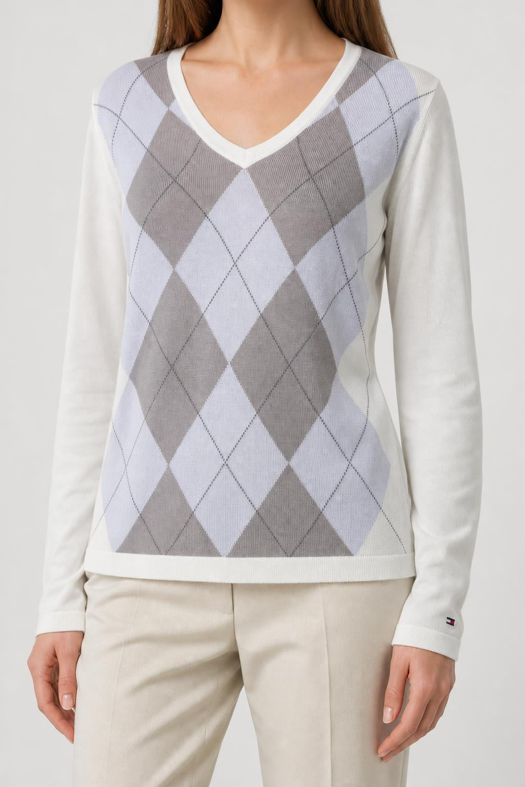 Maglione Tommy Hilfiger scollo a V rombi vintage – Donna Taglia M