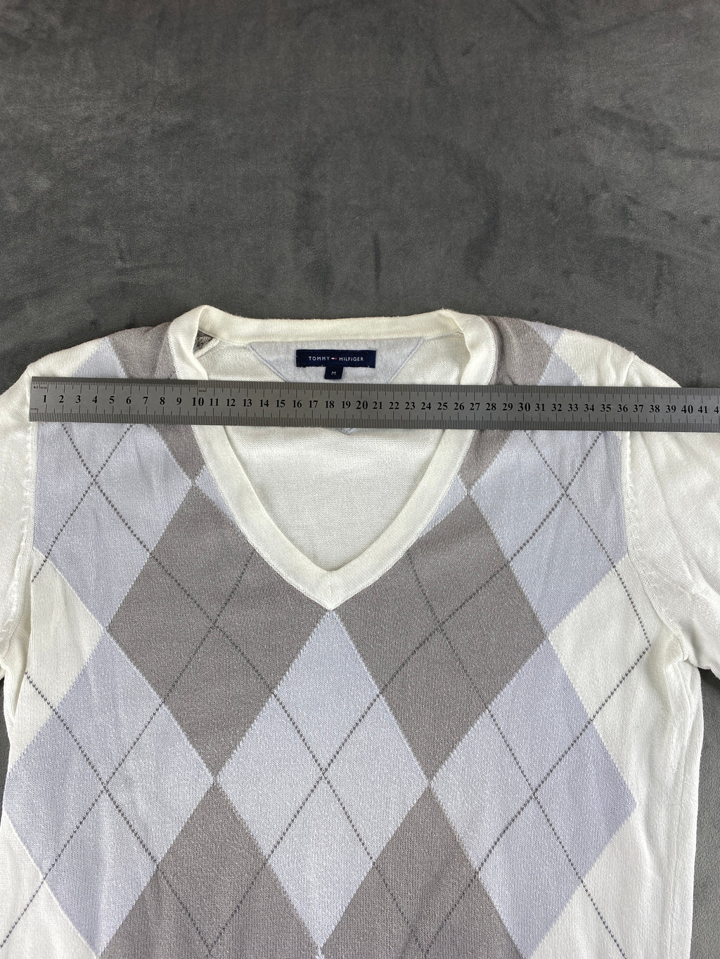 Maglione Tommy Hilfiger scollo a V rombi vintage – Donna Taglia M