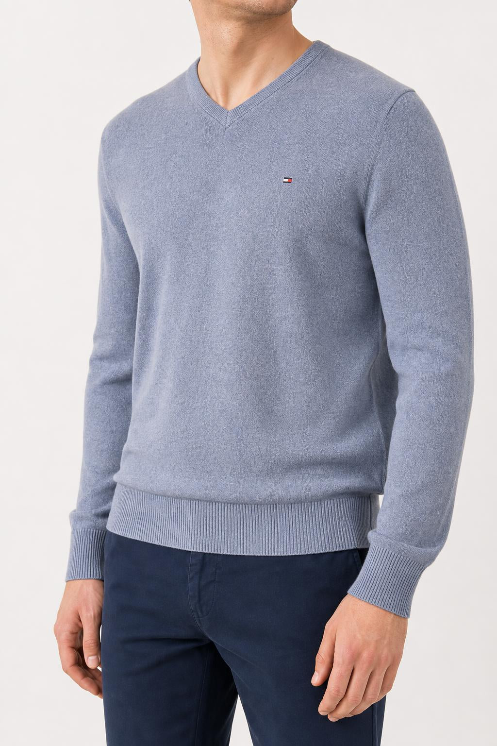 Maglione Tommy Hilfiger scollo a V azzurro vintage – Uomo Taglia L