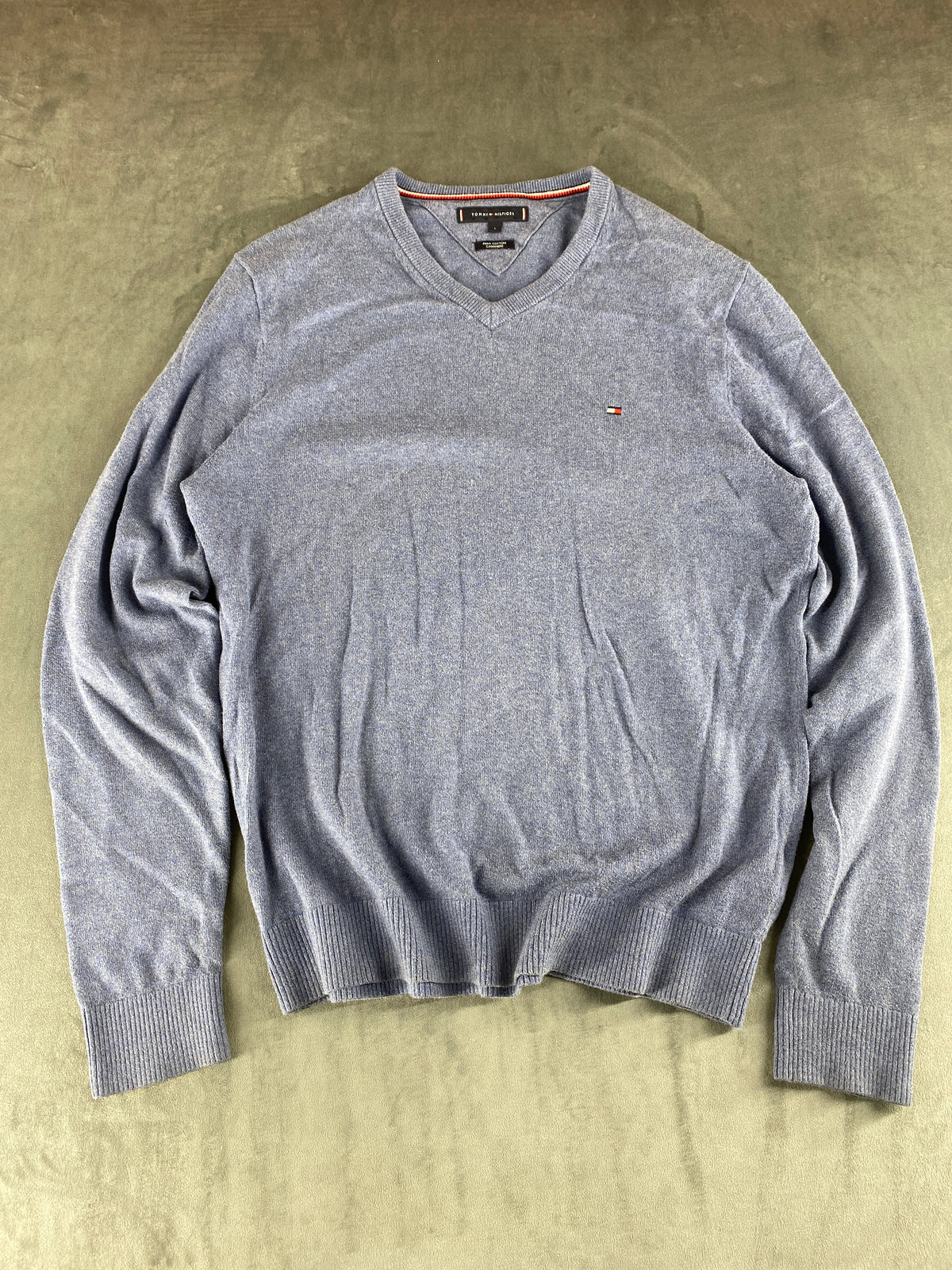 Maglione Tommy Hilfiger scollo a V azzurro vintage – Uomo Taglia L