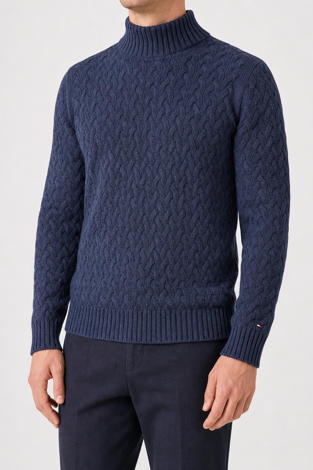 Maglione Tommy Hilfiger collo alto trecce blu vintage – Uomo Taglia S