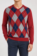 Maglione Tommy Hilfiger scollo a V rombi rosso vintage – Uomo Taglia M