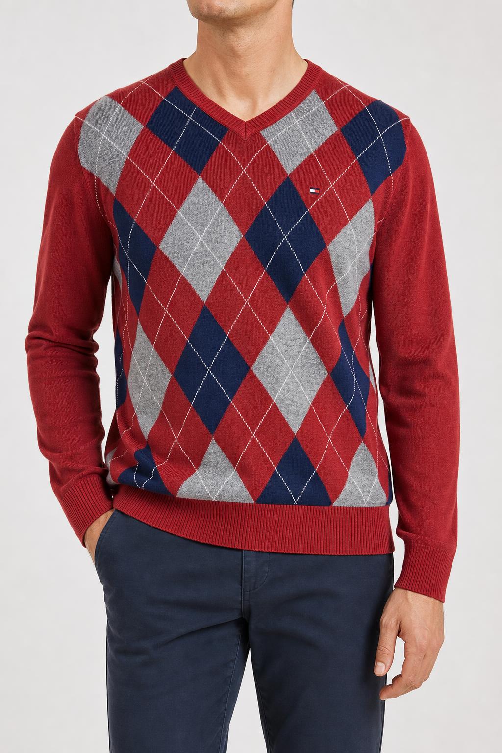 Maglione Tommy Hilfiger scollo a V rombi rosso vintage – Uomo Taglia M