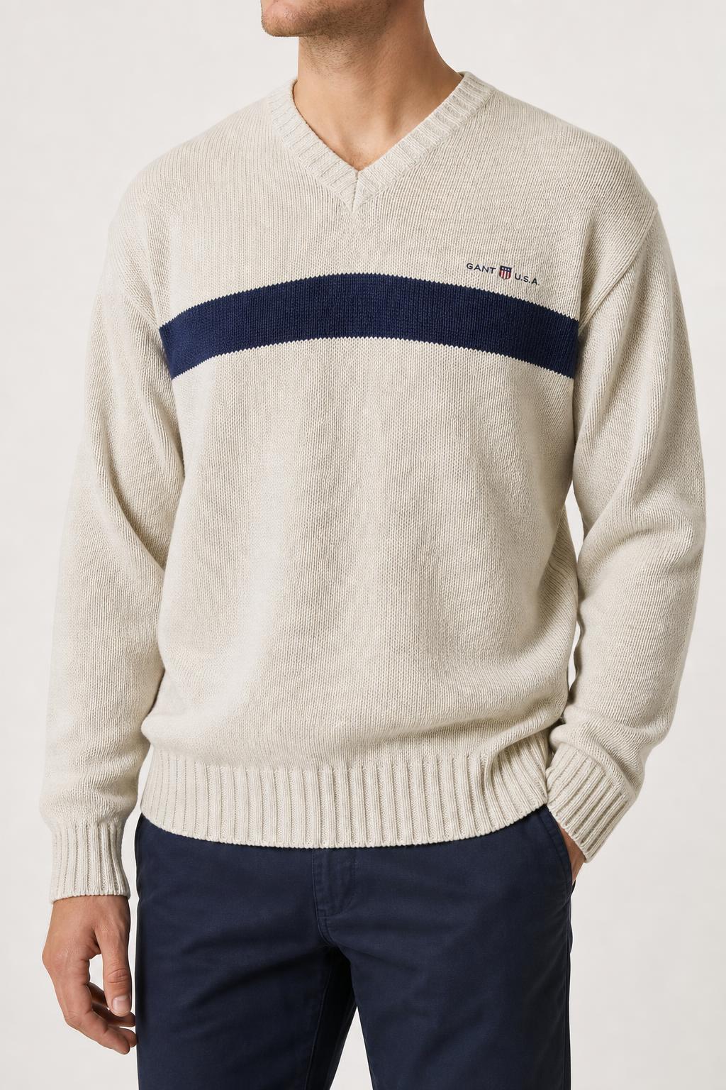 Maglione Gant scollo a V panna riga blu vintage – Uomo Taglia S