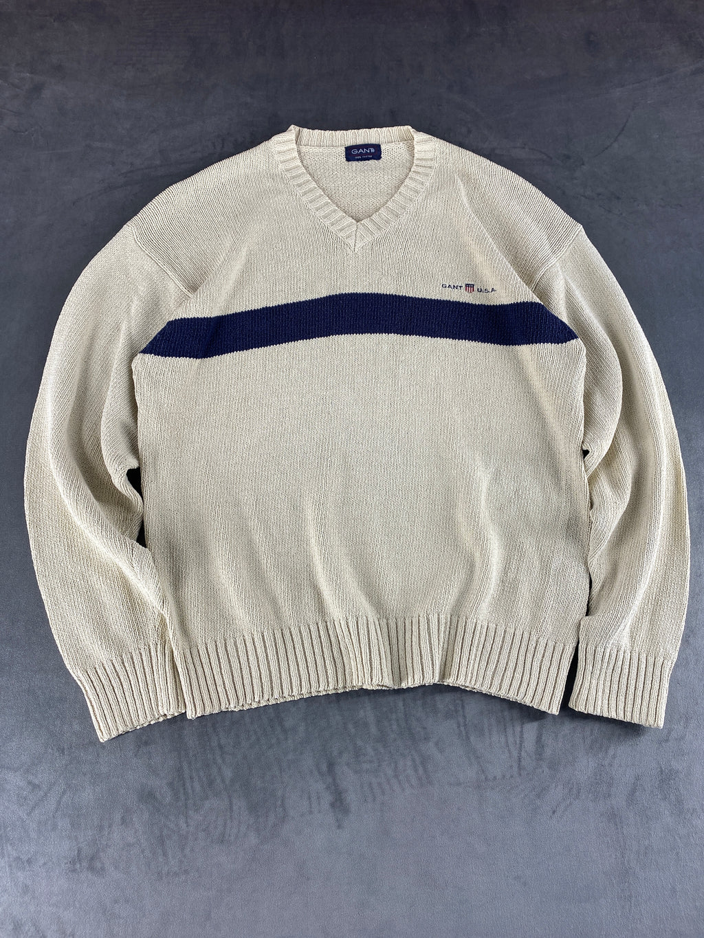Maglione Gant scollo a V panna riga blu vintage – Uomo Taglia S