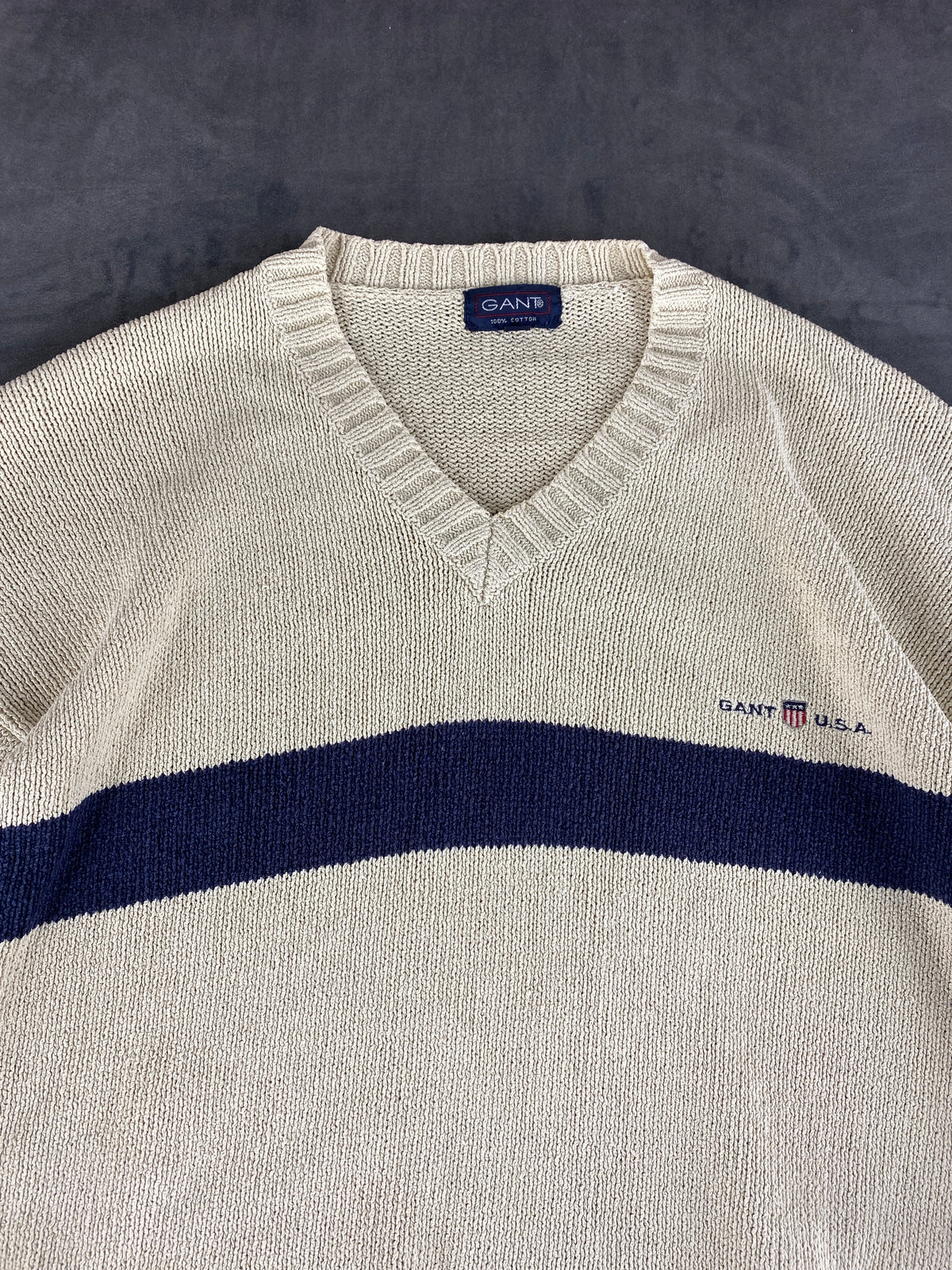 Maglione Gant scollo a V panna riga blu vintage – Uomo Taglia S