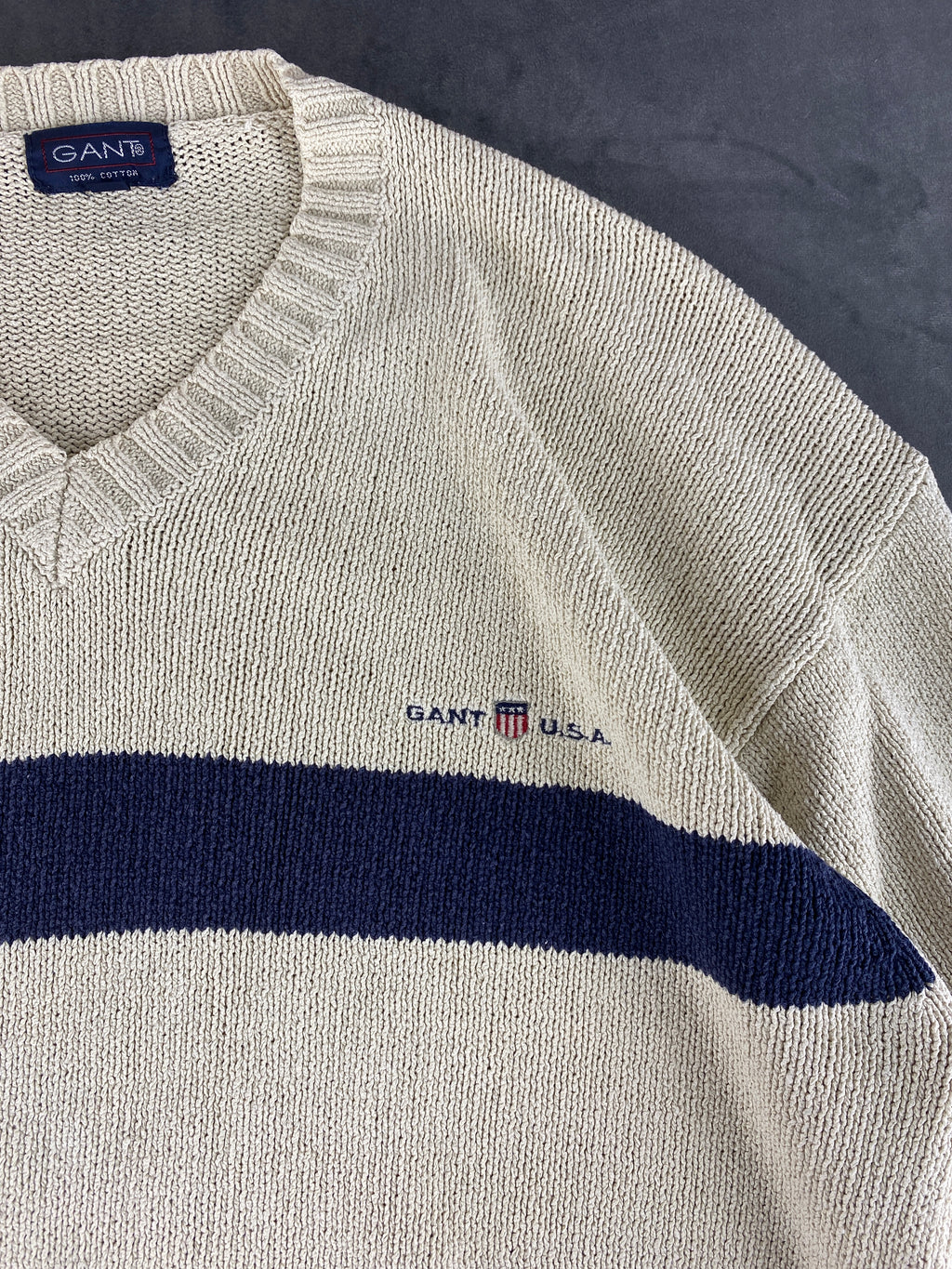 Maglione Gant scollo a V panna riga blu vintage – Uomo Taglia S