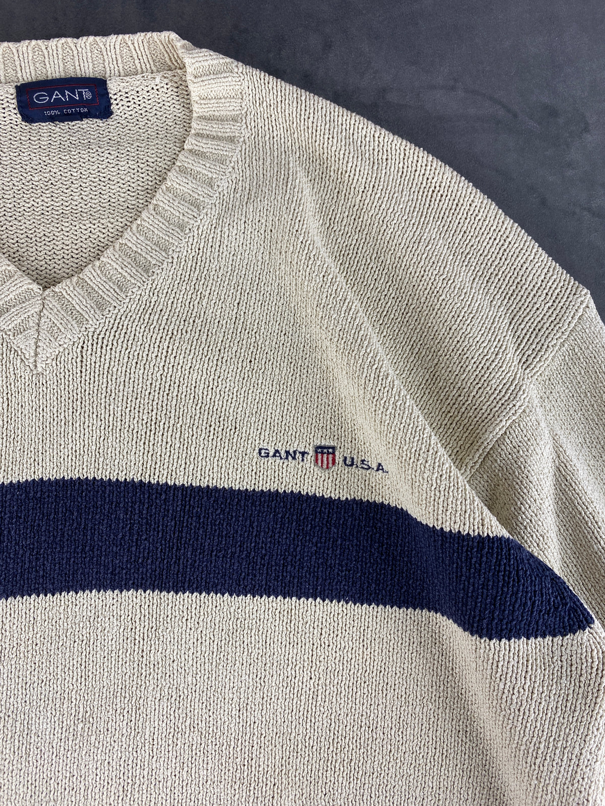 Maglione Gant scollo a V panna riga blu vintage – Uomo Taglia S