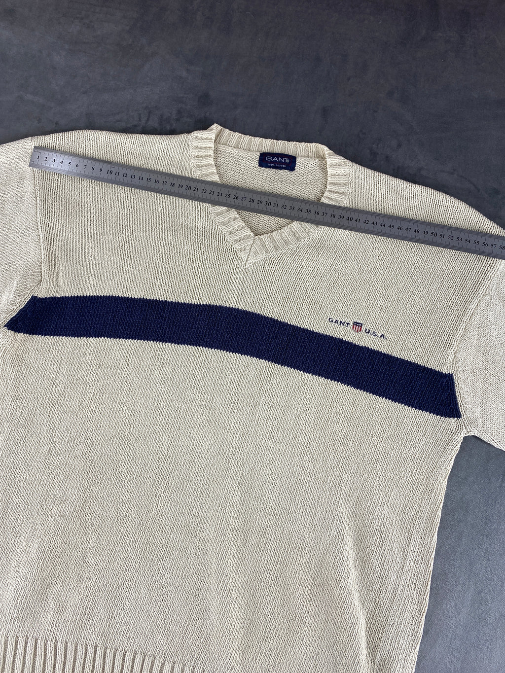 Maglione Gant scollo a V panna riga blu vintage – Uomo Taglia S