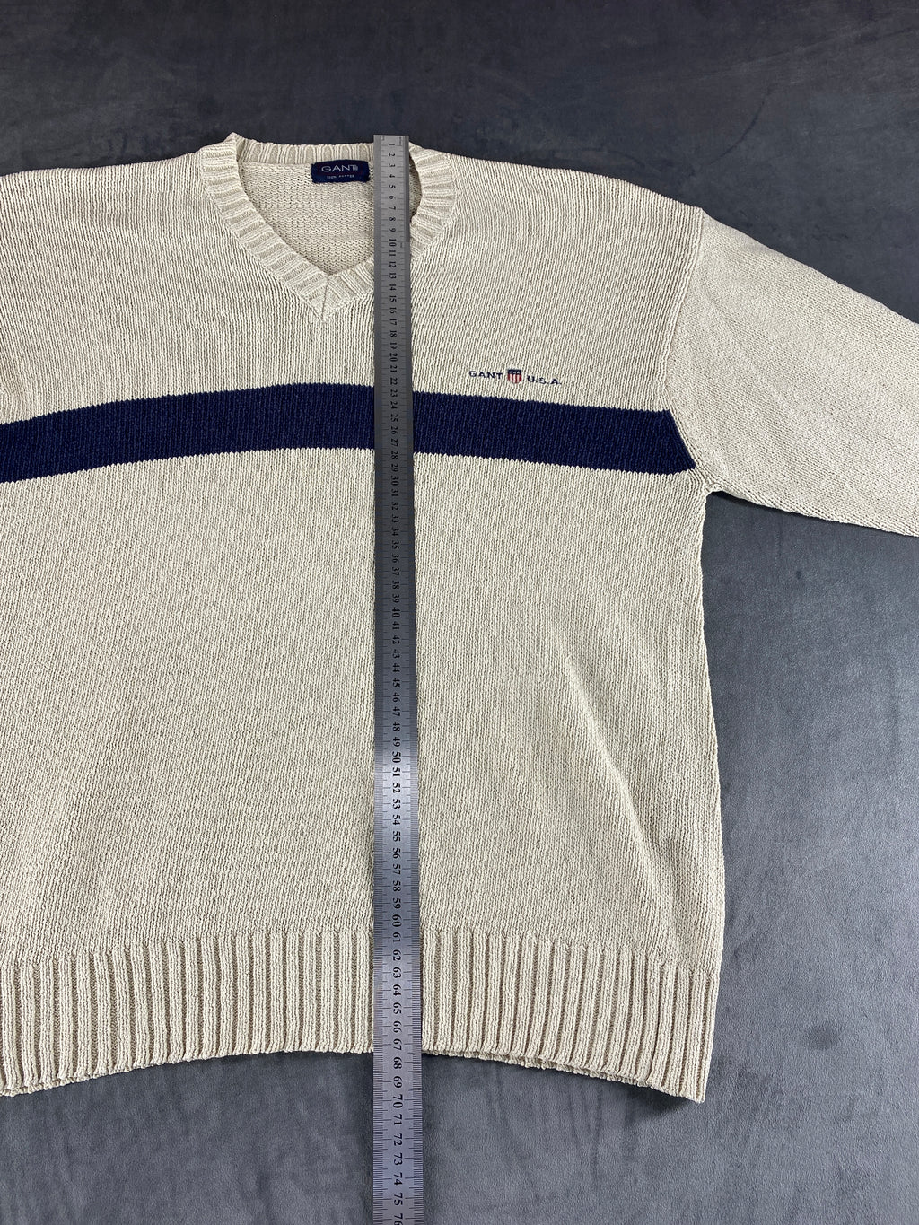 Maglione Gant scollo a V panna riga blu vintage – Uomo Taglia S