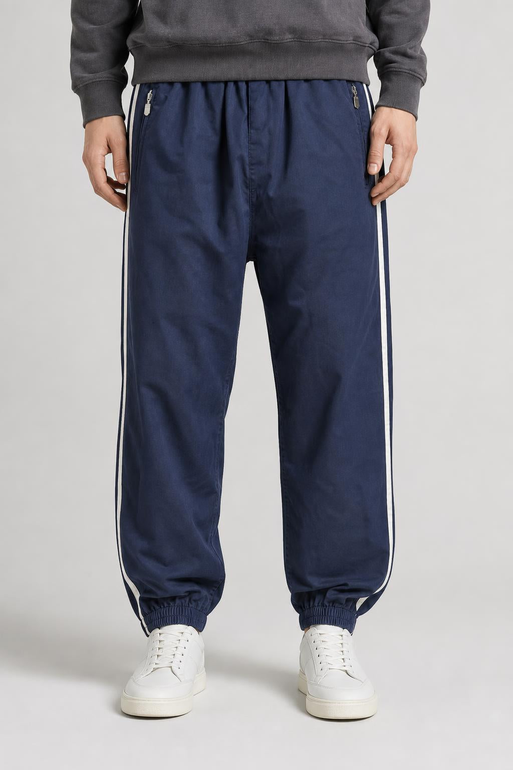 Pantaloni tuta blu navy con profili bianchi vintage – Uomo Taglia M