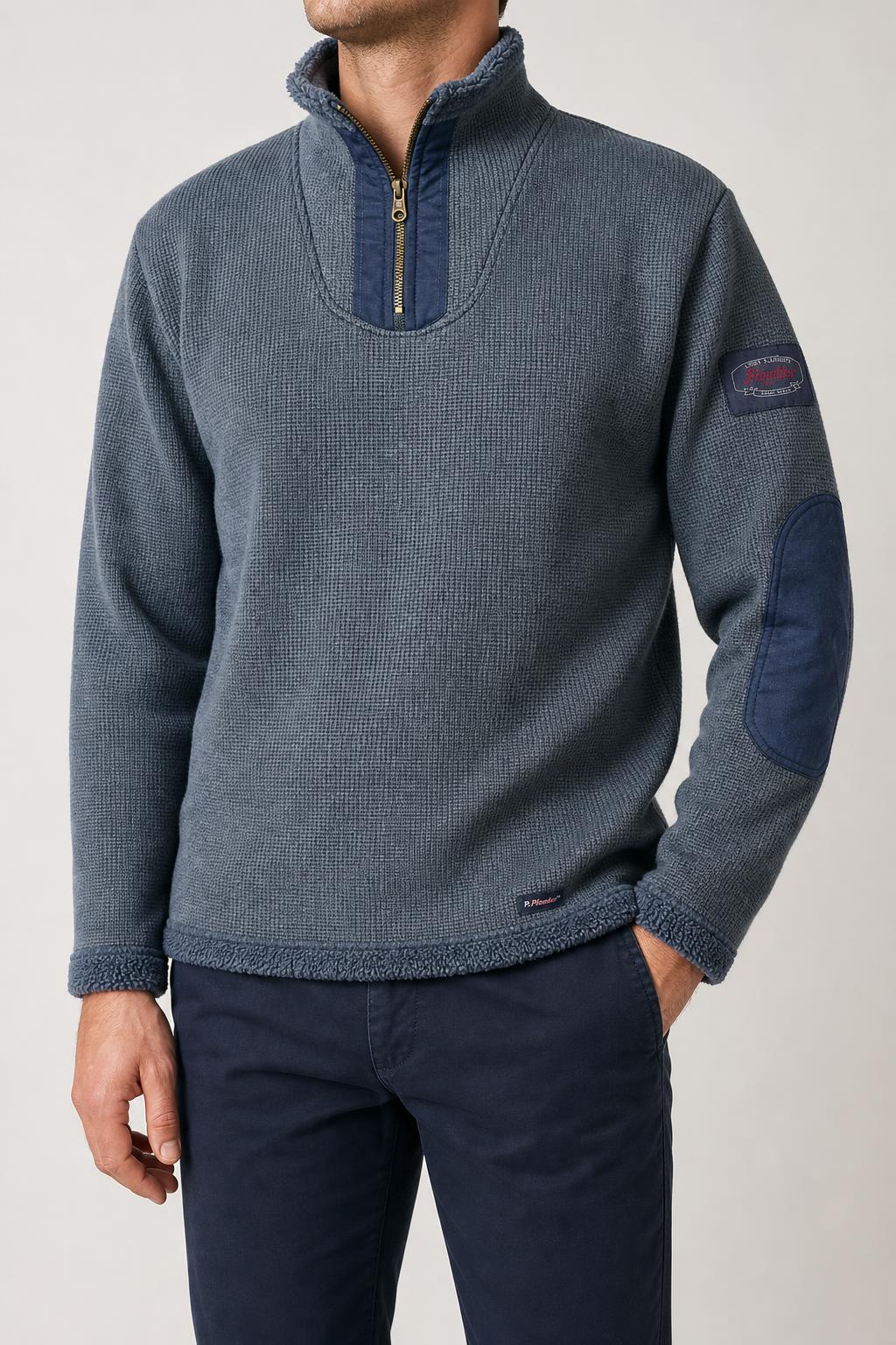 Felpa mezza zip blu denim vintage – Uomo Taglia M