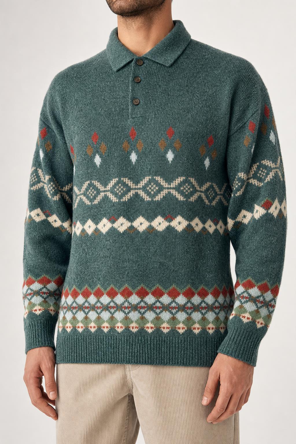 Maglione polo tre bottoni verde multicolore vintage – Uomo Taglia XXL