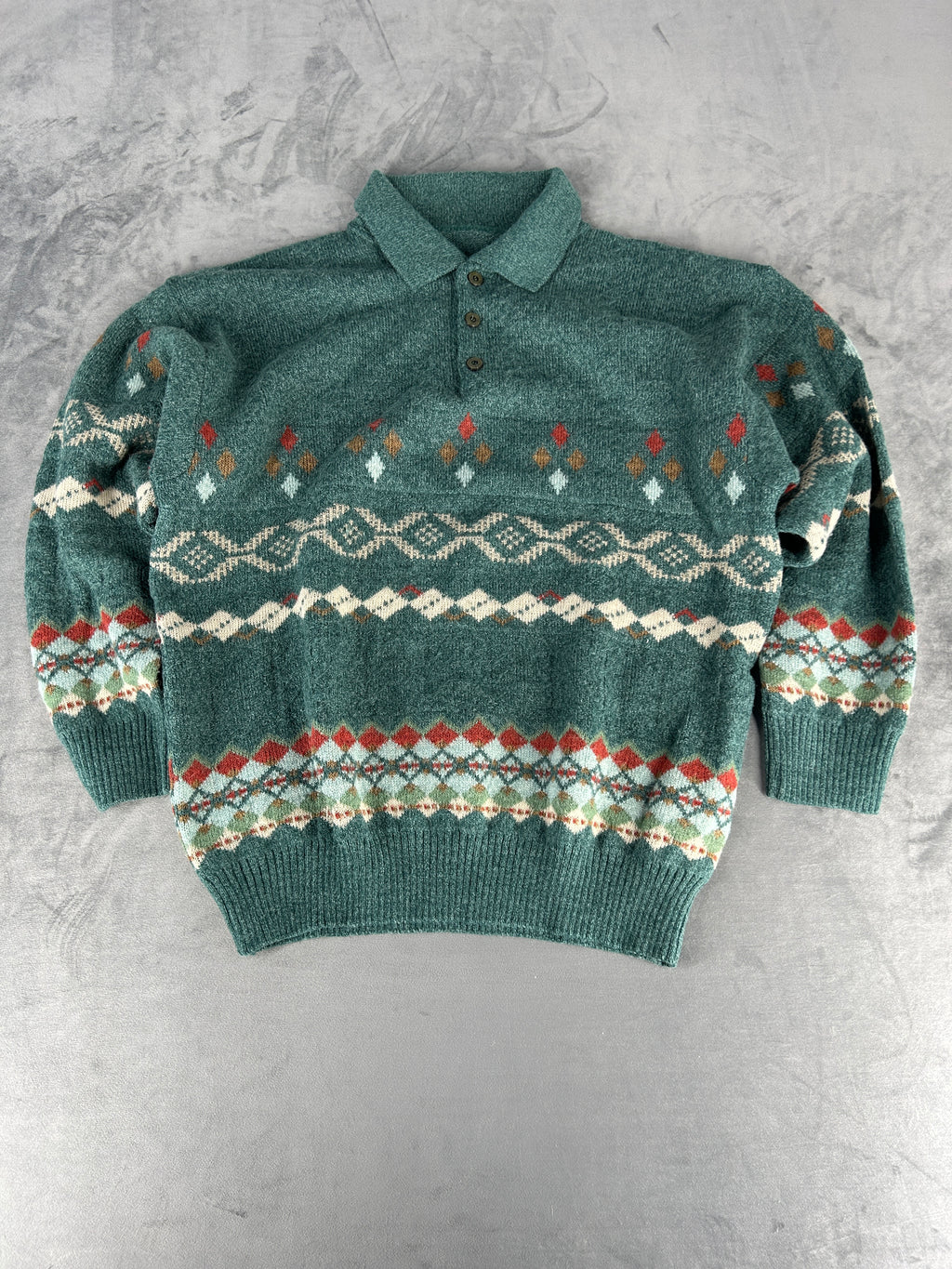 Maglione polo tre bottoni verde multicolore vintage – Uomo Taglia XXL