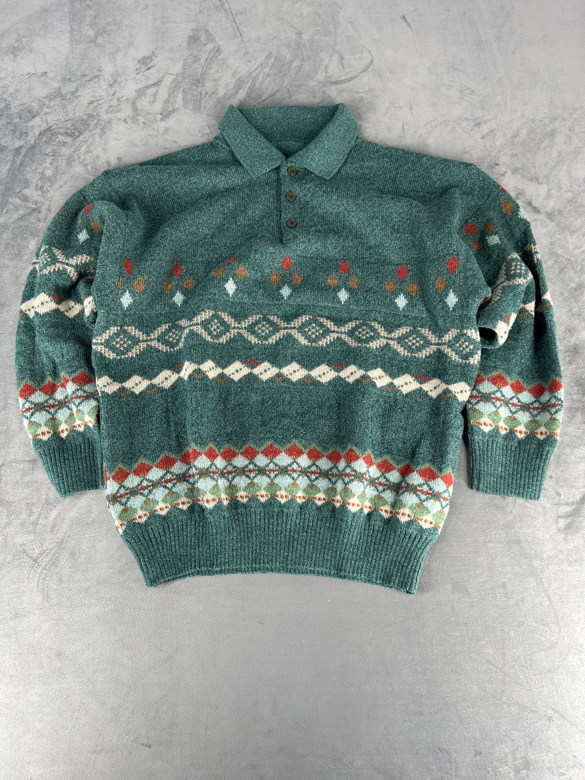 Maglione polo tre bottoni verde multicolore vintage – Uomo Taglia XXL