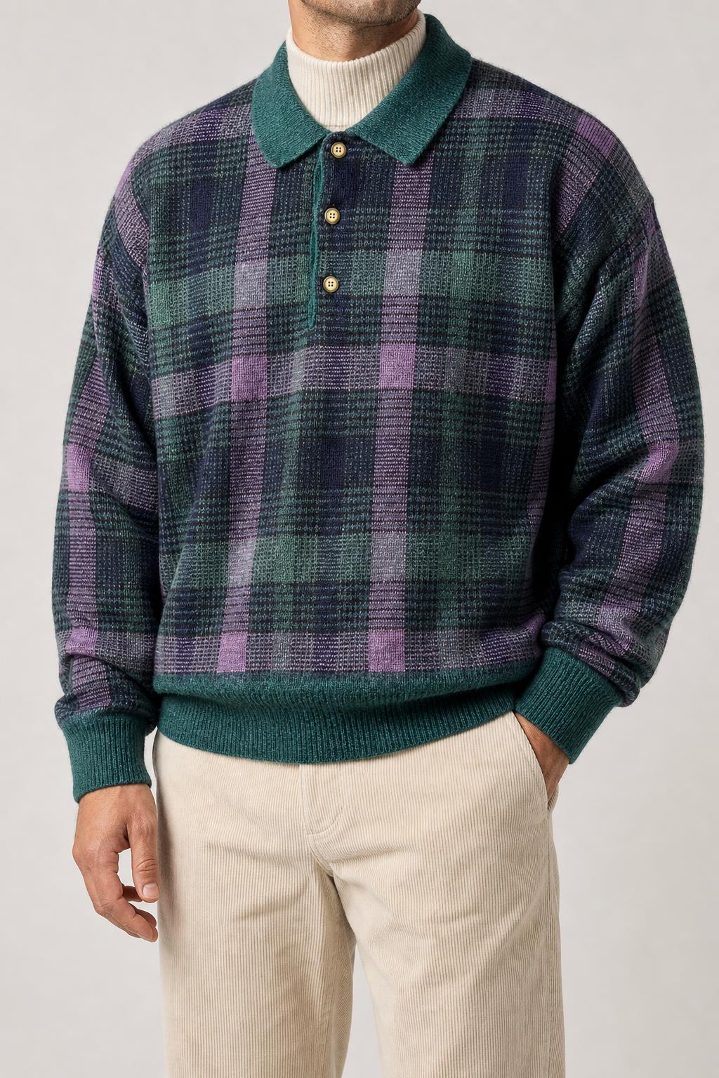 Maglione polo tre bottoni multicolore vintage – Uomo Taglia XL