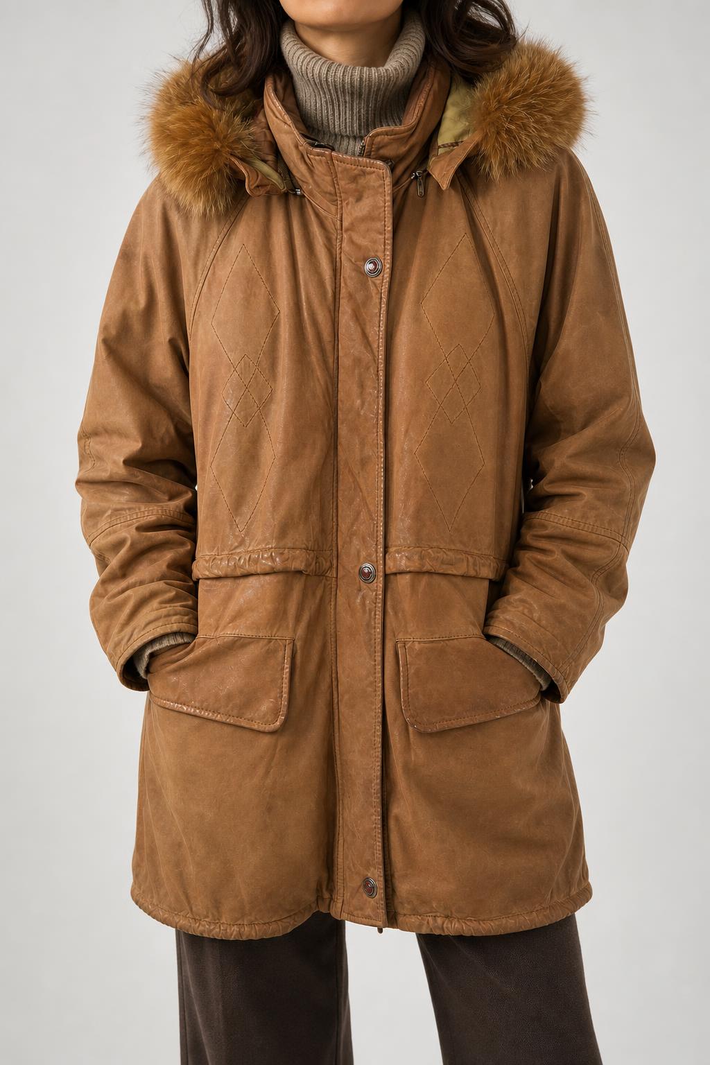 Parka in pelle scamosciata cammello con cappuccio in pelliccia vintage – Donna Taglia M