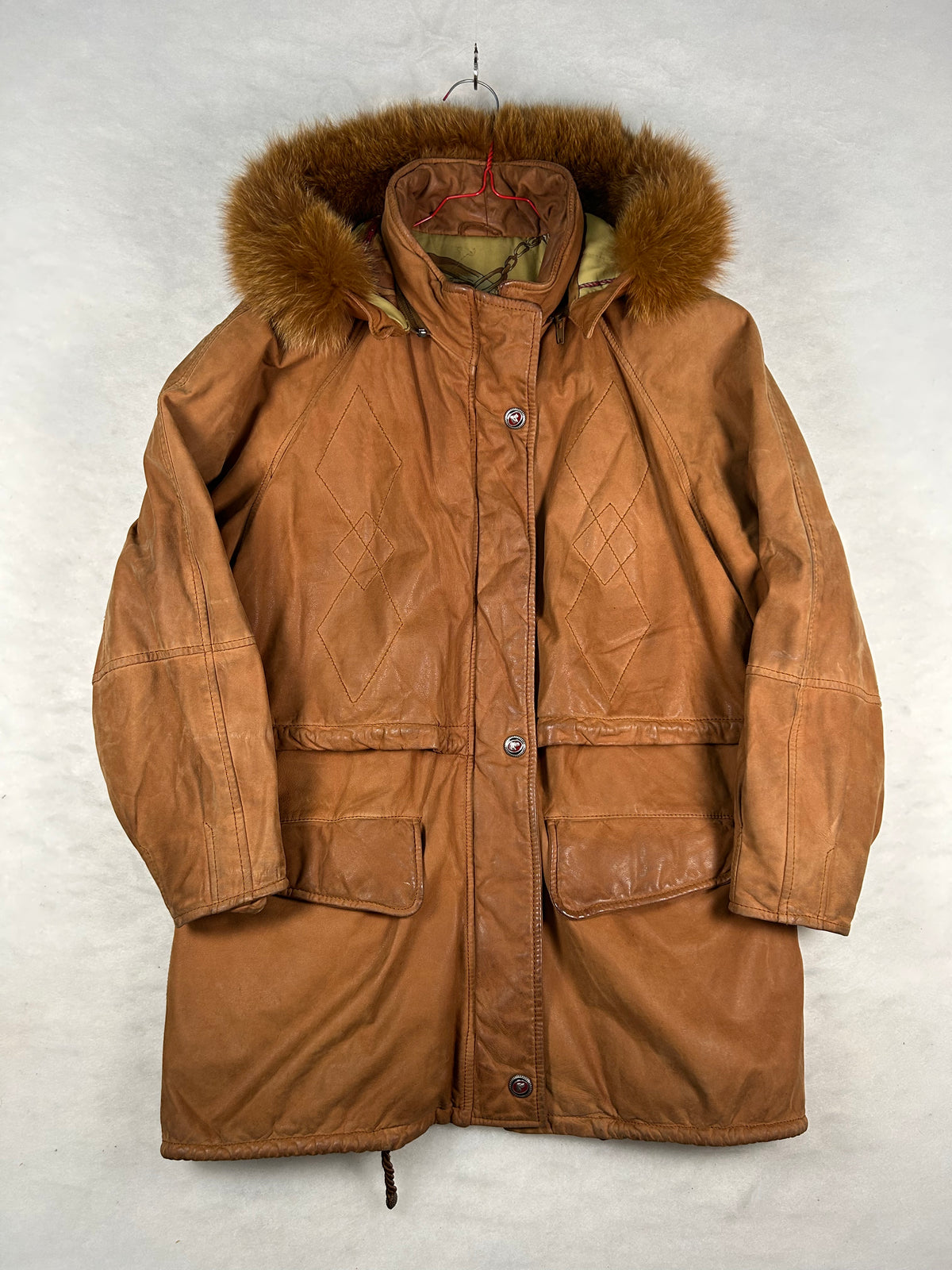 Parka in pelle scamosciata cammello con cappuccio in pelliccia vintage – Donna Taglia M