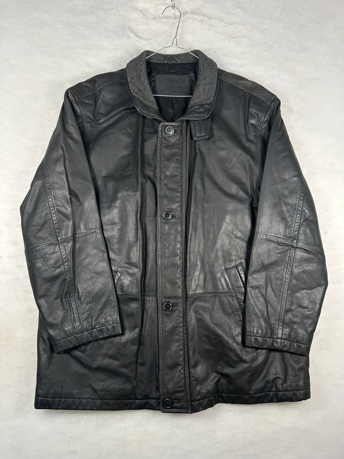 Giaccone di pelle nero con collo in maglia vintage – Uomo Taglia L