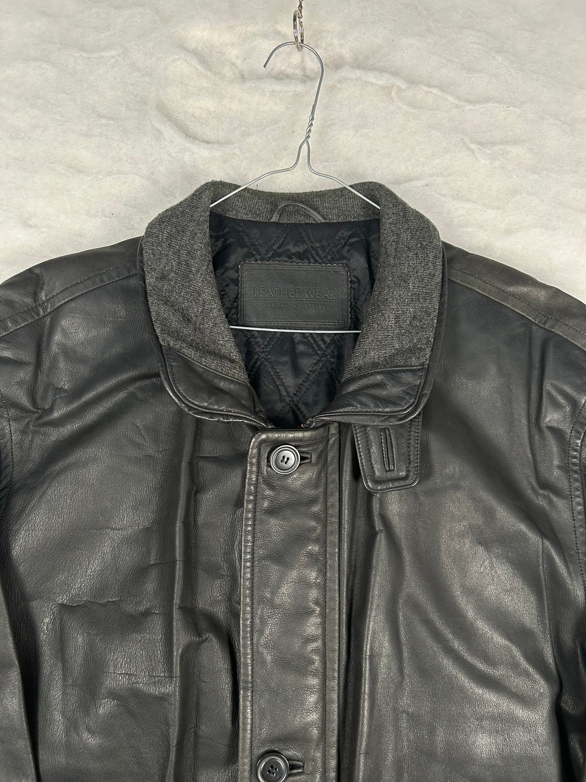 Giaccone di pelle nero con collo in maglia vintage – Uomo Taglia L
