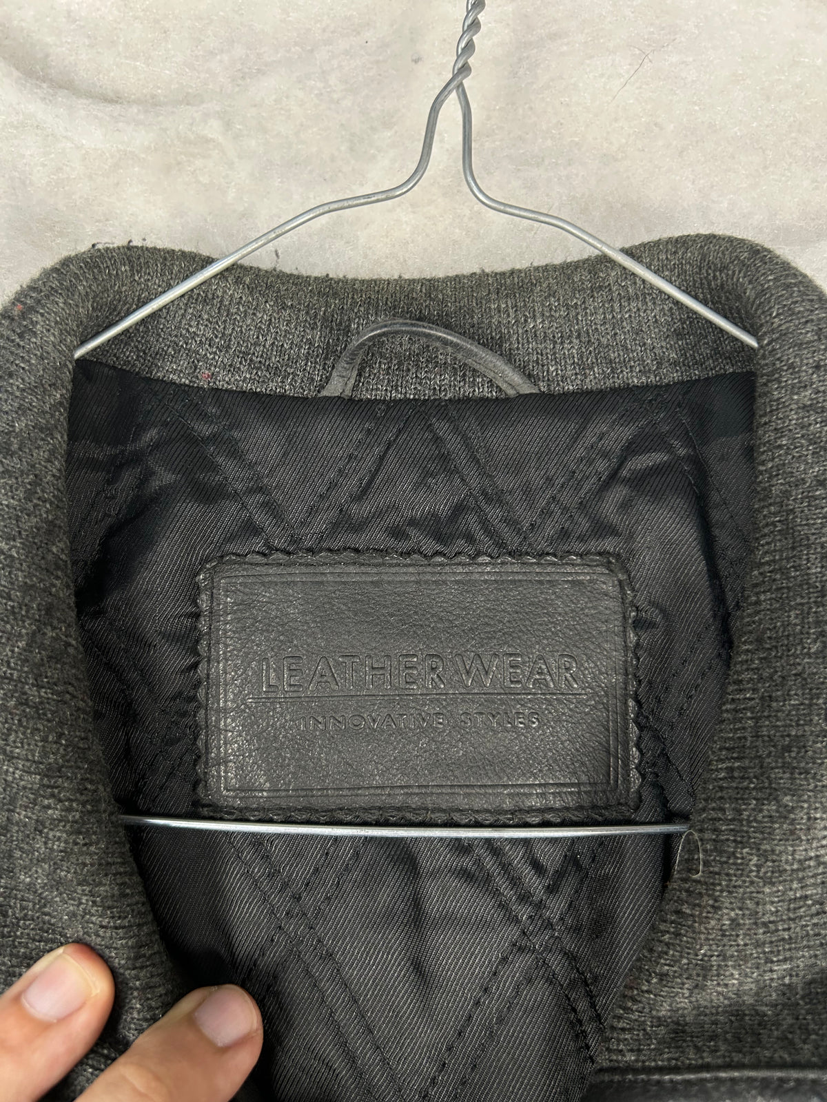 Giaccone di pelle nero con collo in maglia vintage – Uomo Taglia L