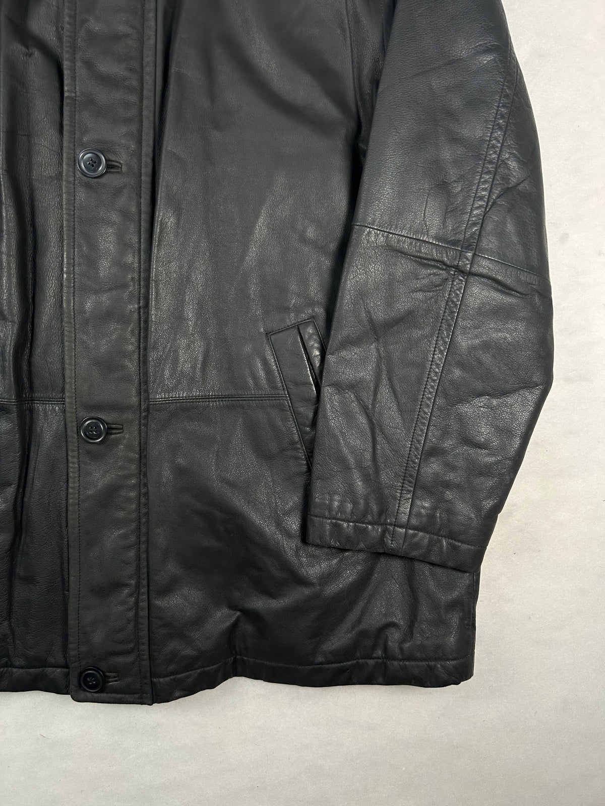 Giaccone di pelle nero con collo in maglia vintage – Uomo Taglia L