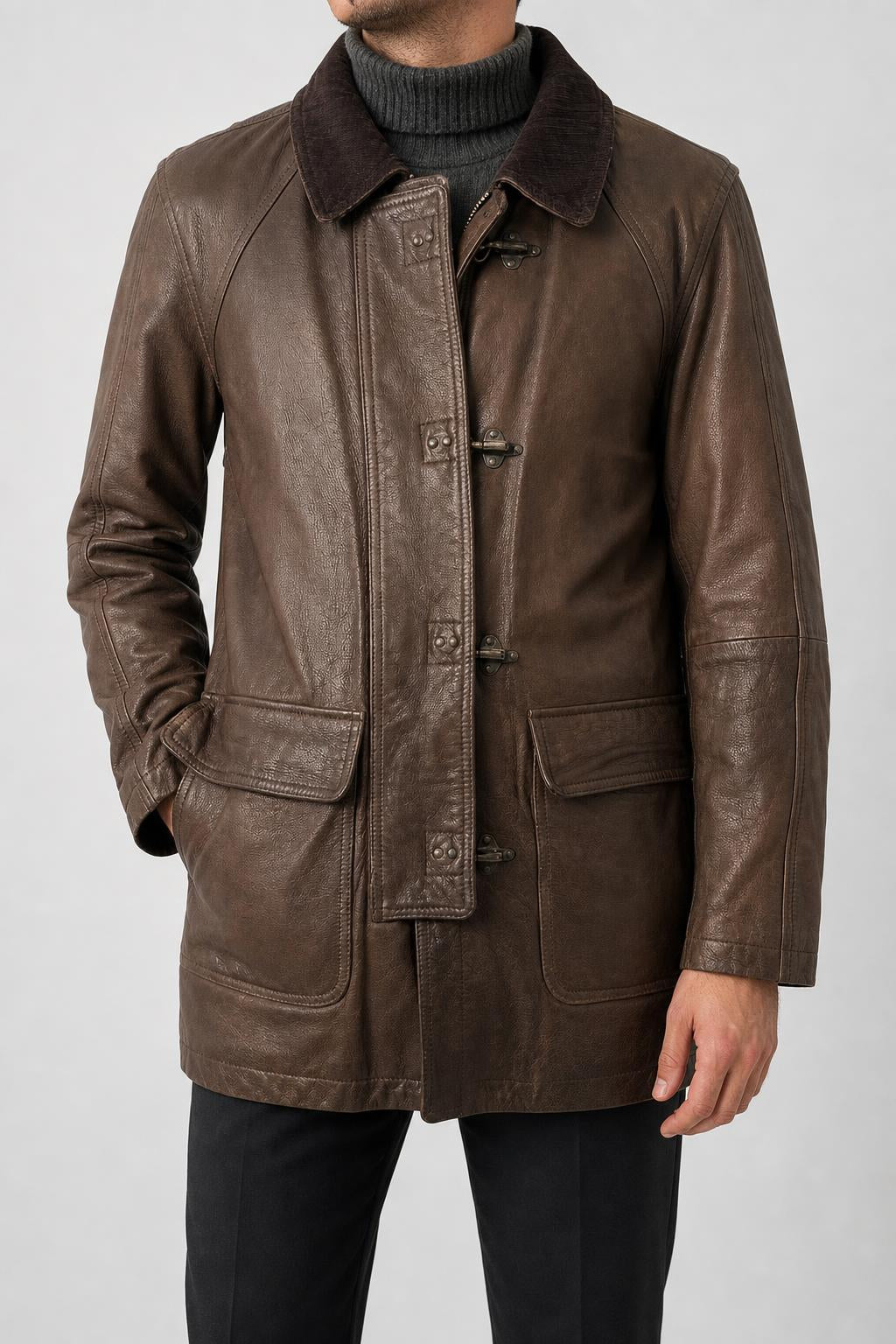 Giaccone di pelle marrone con collo in velluto vintage – Uomo Taglia L