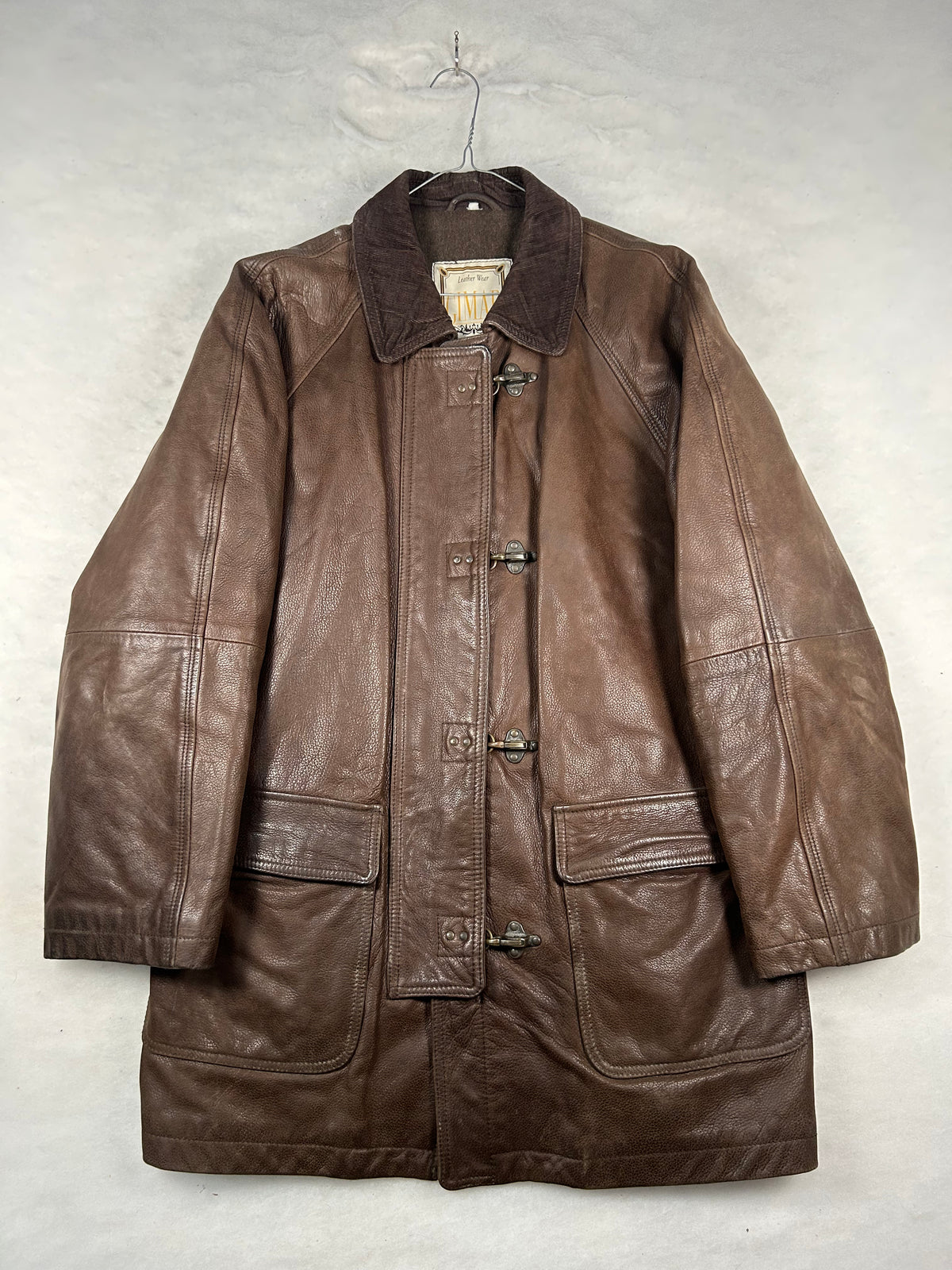 Giaccone di pelle marrone con collo in velluto vintage – Uomo Taglia L