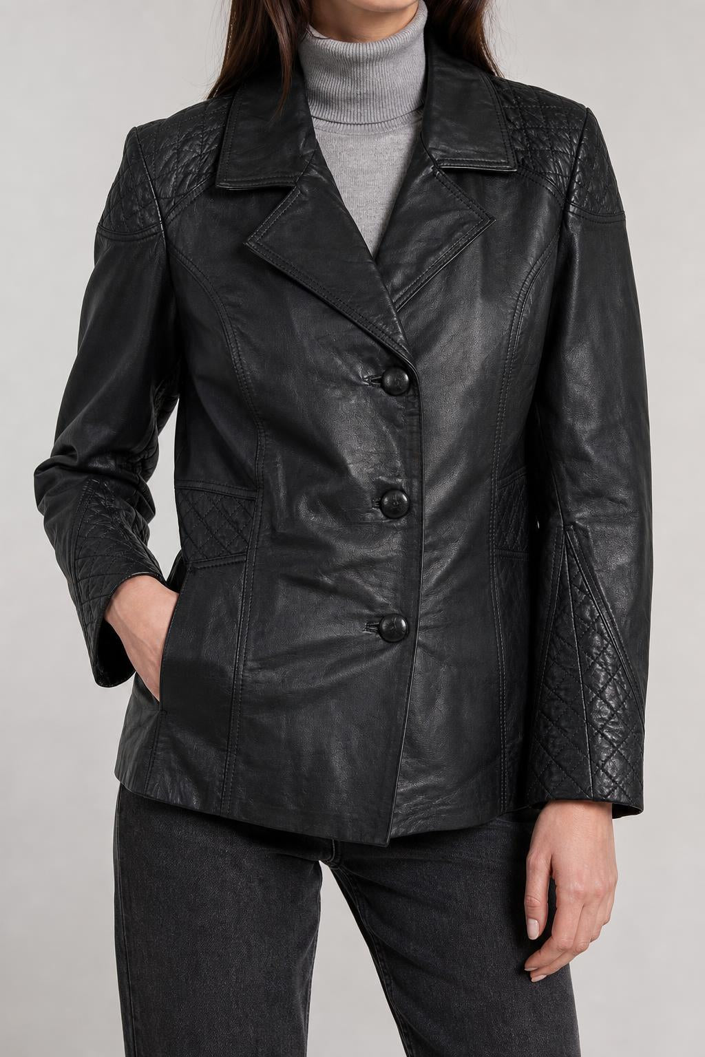 Giacca di pelle nera trapuntata vintage – Donna Taglia M