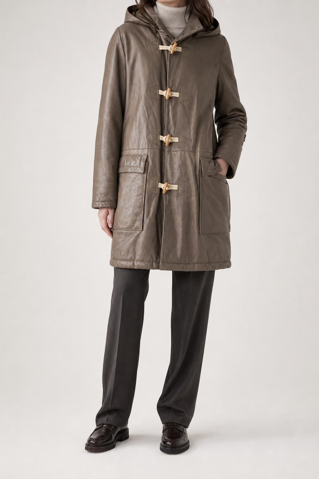 Montgomery di pelle taupe con cappuccio vintage – Donna Taglia L (IT 46)