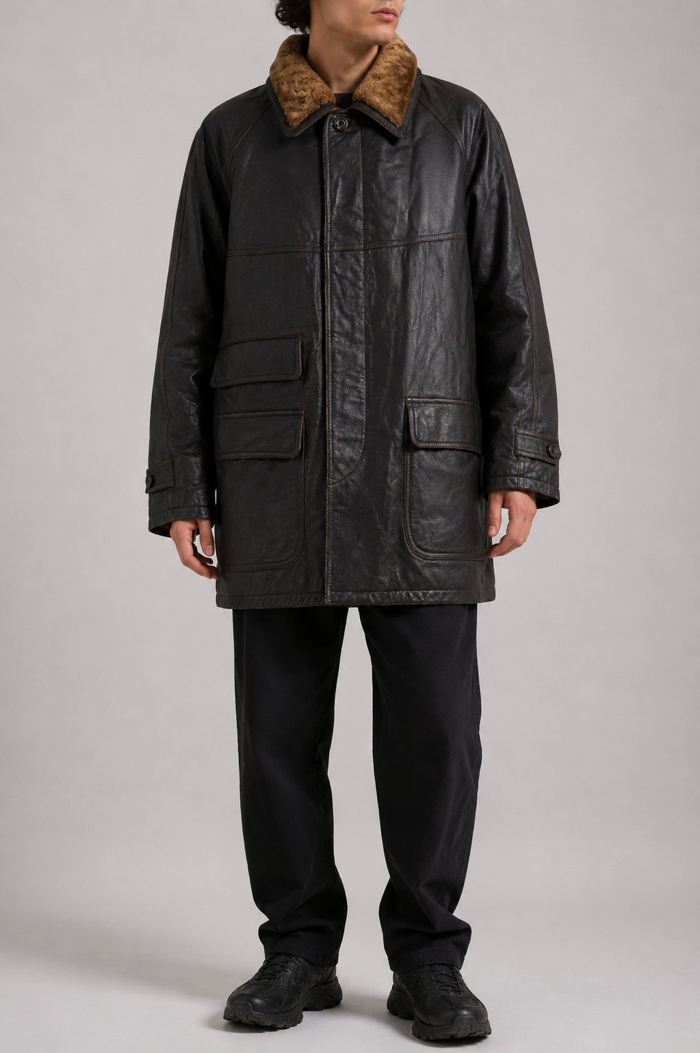 Giaccone di pelle marrone con collo in montone vintage – Uomo Taglia XL (IT 52)