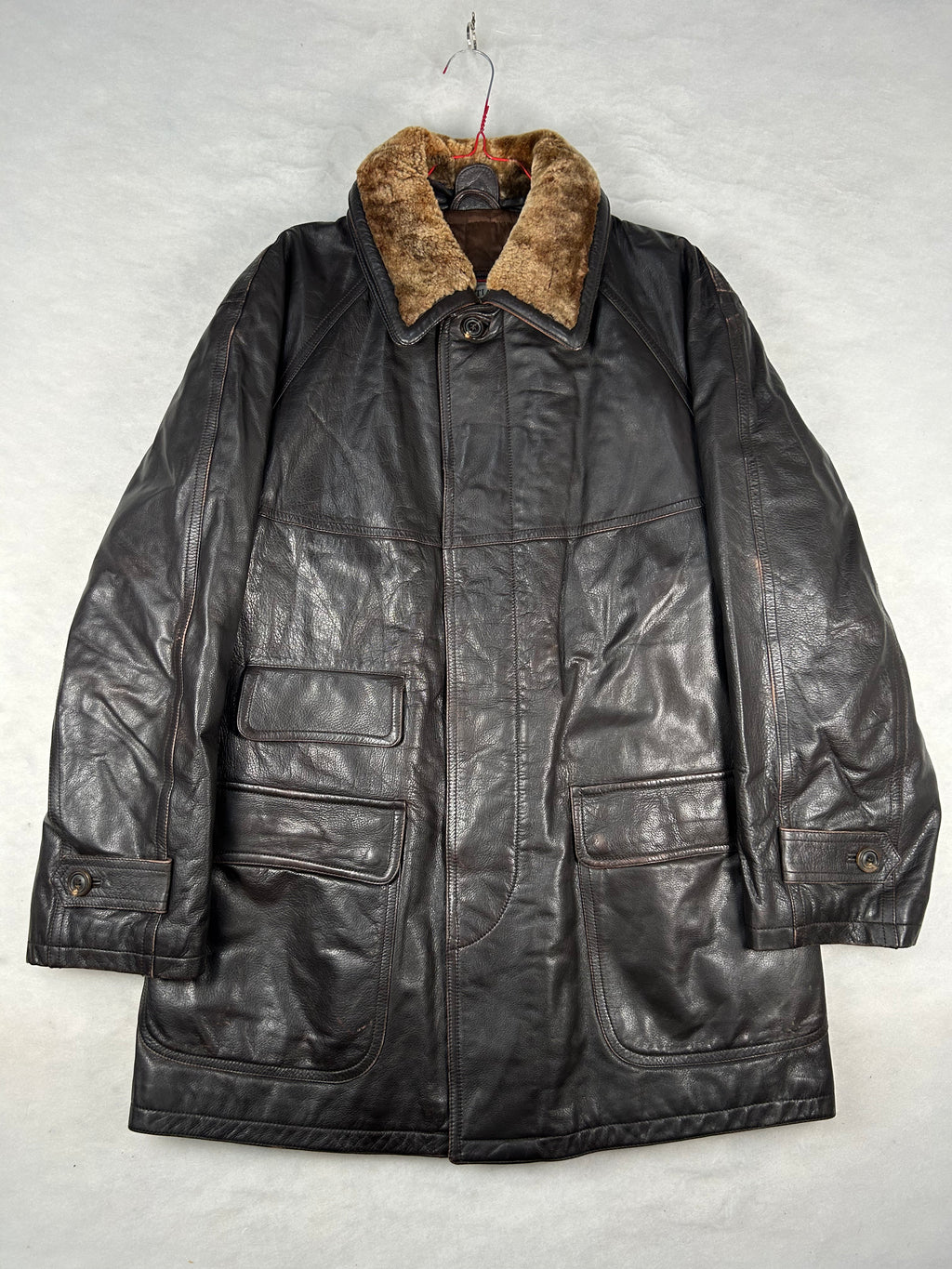 Giaccone di pelle marrone con collo in montone vintage – Uomo Taglia XL (IT 52)