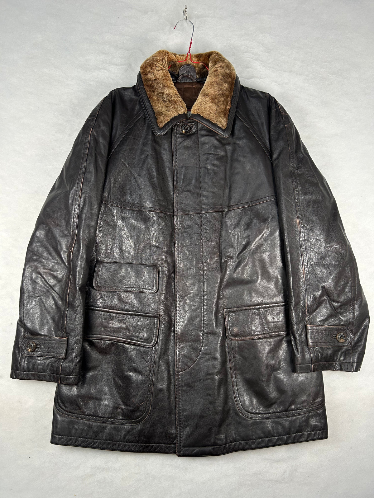 Giaccone di pelle marrone con collo in montone vintage – Uomo Taglia XL (IT 52)