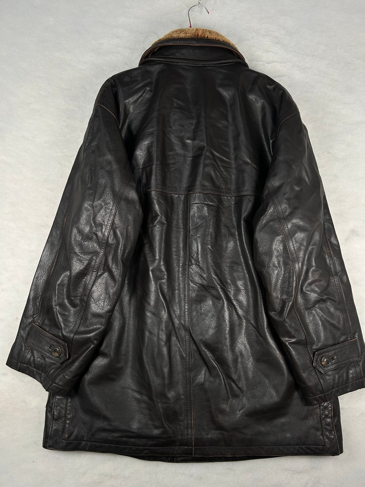 Giaccone di pelle marrone con collo in montone vintage – Uomo Taglia XL (IT 52)
