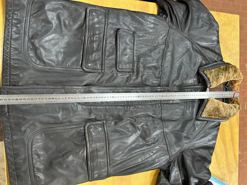 Giaccone di pelle marrone con collo in montone vintage – Uomo Taglia XL (IT 52)
