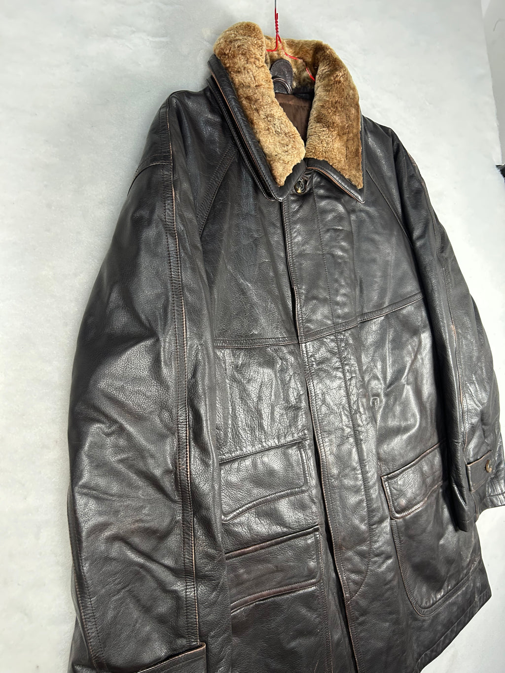 Giaccone di pelle marrone con collo in montone vintage – Uomo Taglia XL (IT 52)