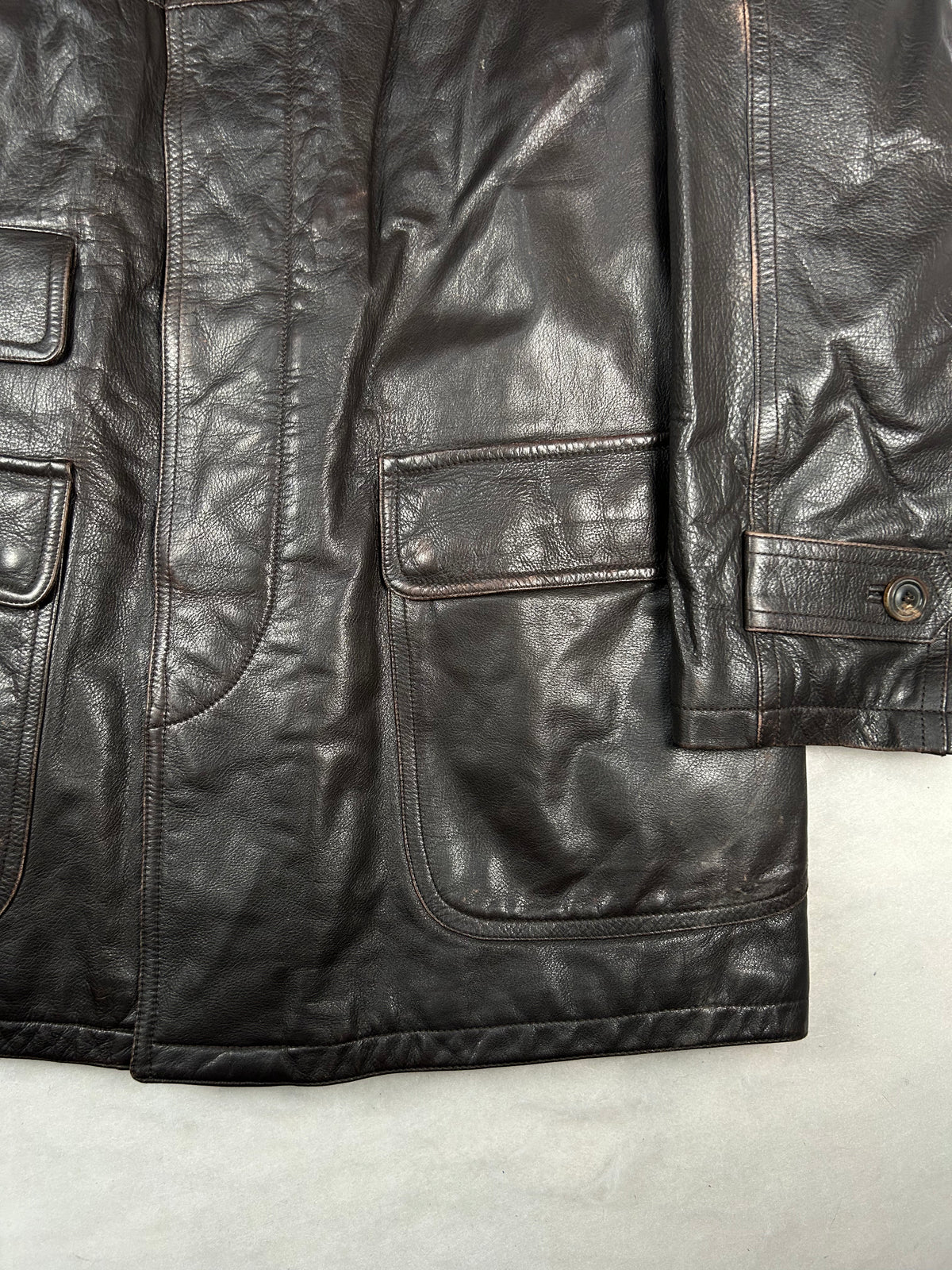 Giaccone di pelle marrone con collo in montone vintage – Uomo Taglia XL (IT 52)