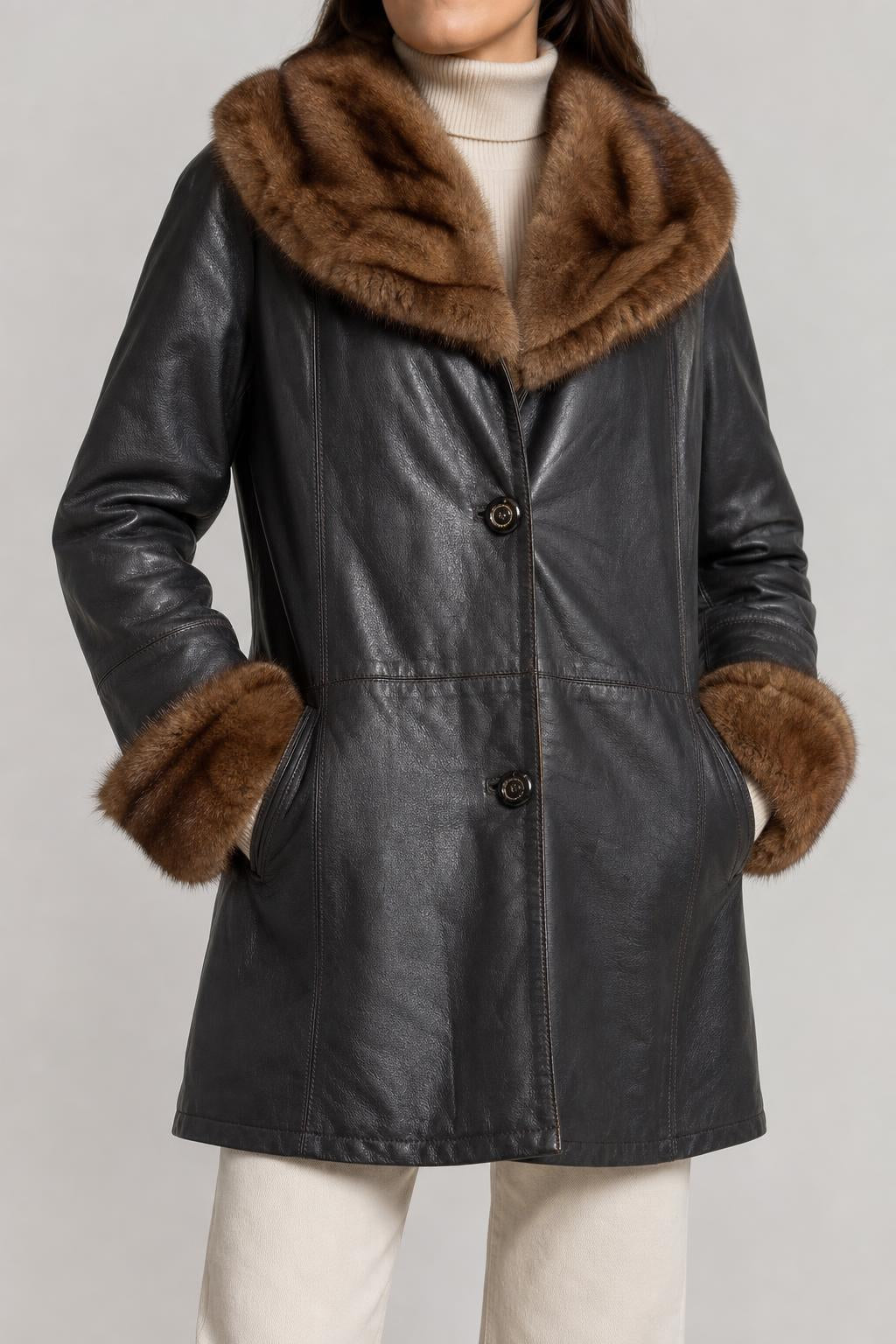 Cappotto di pelle marrone con pelliccia vintage – Donna Taglia M
