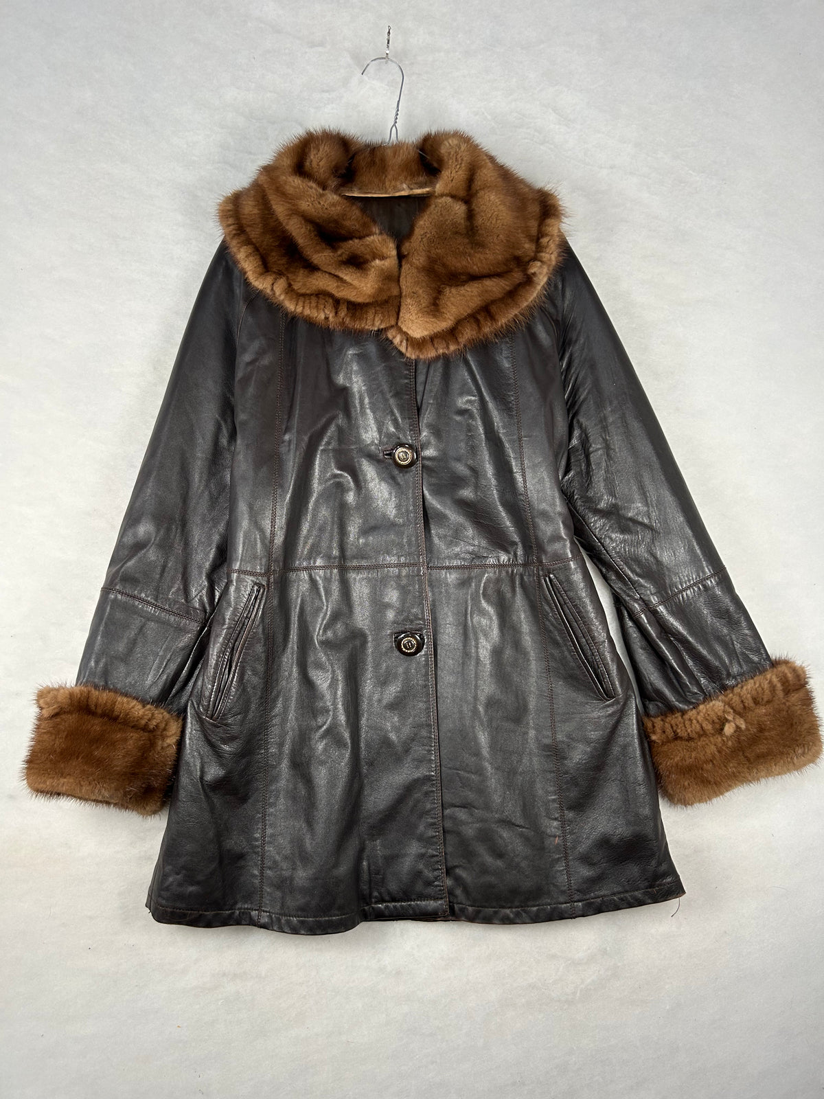 Cappotto di pelle marrone con pelliccia vintage – Donna Taglia M