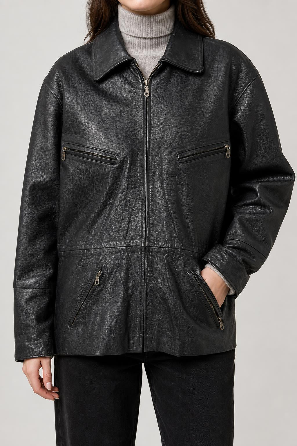 Giacca di pelle nera vintage – Uomo Taglia L