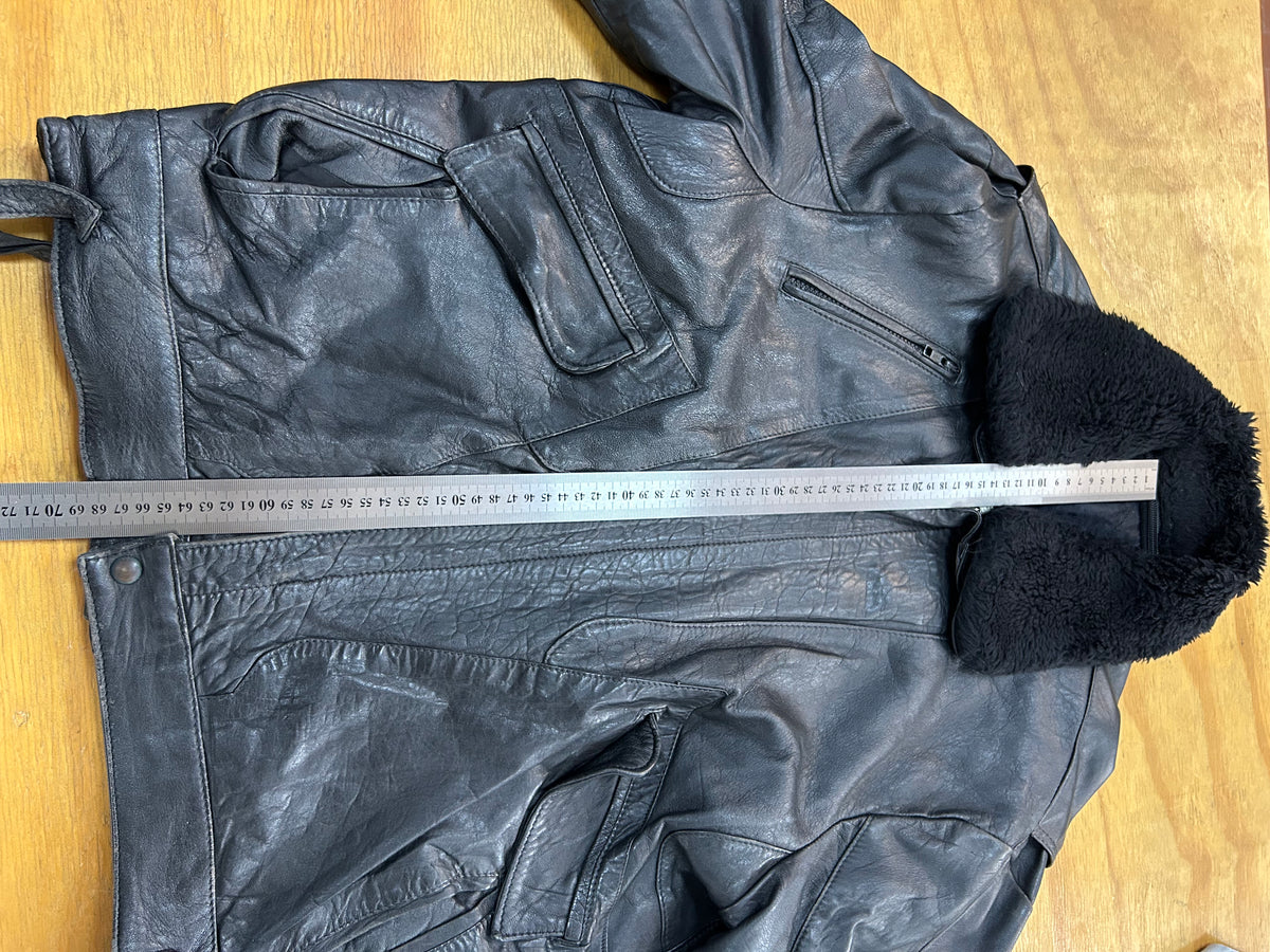 Giacca di pelle nera con collo in montone vintage – Uomo Taglia L