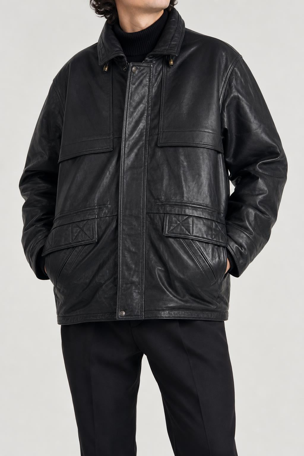 Giacca di pelle nera vintage – Uomo Taglia L