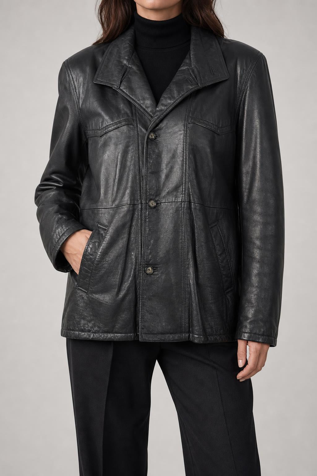 Giacca di pelle nera vintage – Uomo Taglia L