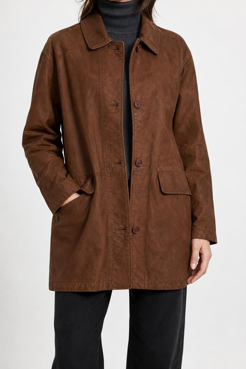 Cappotto in pelle scamosciata marrone vintage – Donna Taglia M